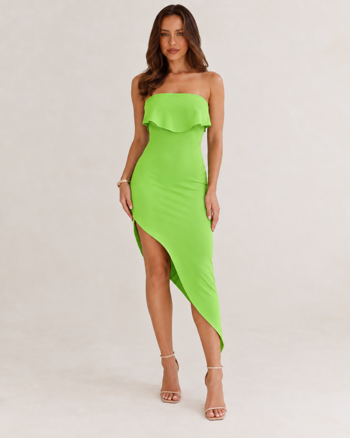 Elara Ruffle Strapless Midi Dress